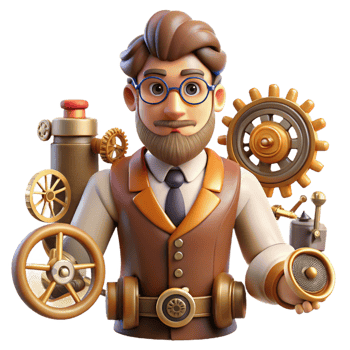 vibrant artistic Steampunk Inventor 3D Illustration 4K png