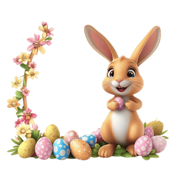 easter bunny with flowers and eggs on transparent background png