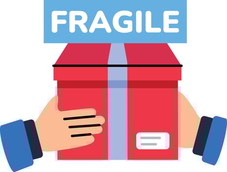 Fragile package holding in hands, flat style icon vector