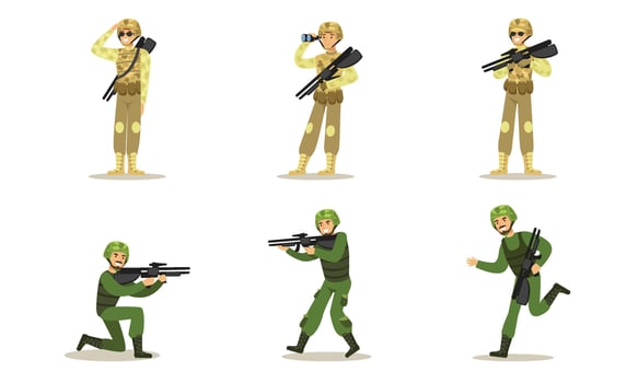 Set of military men in green and beige uniforms. illustration. vector