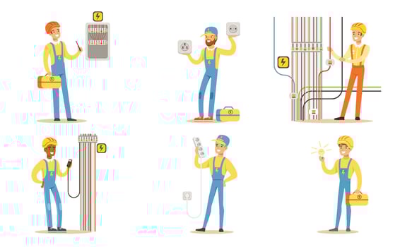Male electricians in blue and orange overalls work. illustration. vector