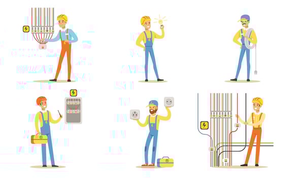 Group of electricians at work. illustration vector
