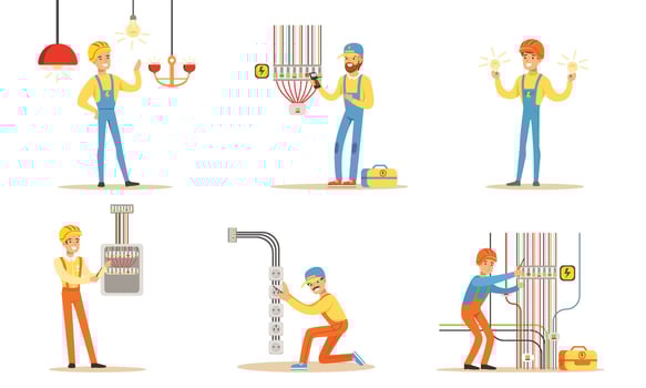 Electrician in uniform next to many wires. illustration. vector