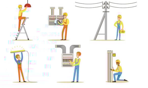 Electrician in a helmet and uniform works. illustration. vector