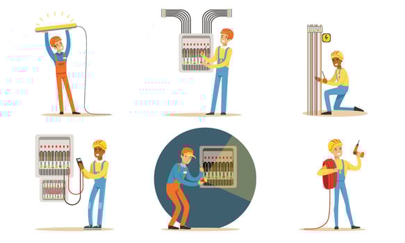 Electricians in uniform repair wiring. illustration. vector
