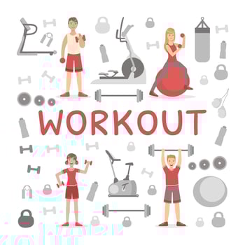 Workout Banner Template, People Exercising with Sports Equipment Illustration vector