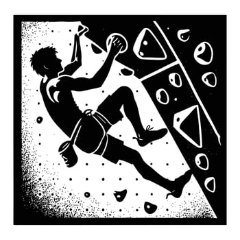 A black and white illustration of a man climbing on a rock wall vector