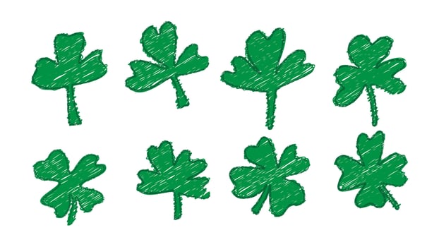 Lucky shamrock clover drawn with four leaf . Chalk sketch brush set for St Patrick trefoil. Irish Celtic luck day isolated illustration. Green graphic with crayon texture for spring holiday. vector