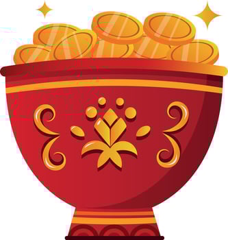 Chinese money bowl filled with gold coins, flat illustration vector