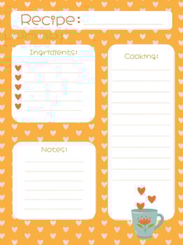Recipe Recording Template with Cute Cup and Hearts vector