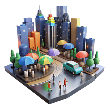 A city with people walking around and umbrellas png