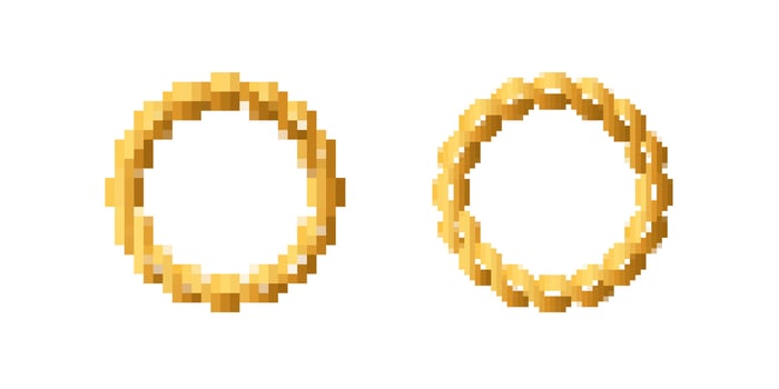 Two pixel art golden rings displayed with simple geometric designs and minimalist style vector