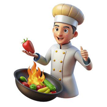 impressive vintage 3D Cartoon Chef Cooking Vegetables high quality png