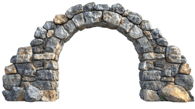 Rustic stone archway crafted from rough hewn rocks isolated on transparent background png