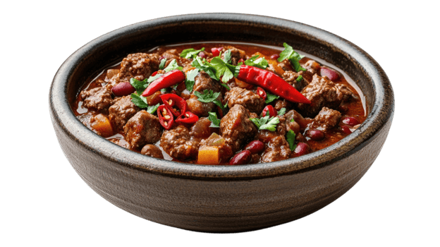 Hearty chili con carne served in a rustic bowl isolated on transparent background png