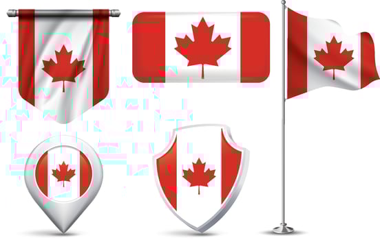 A set of 5 different designs of the Canada flag in various shapes vector