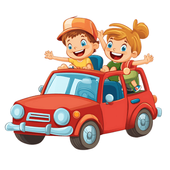 Cartoon kids riding in a car png