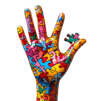 A colorful hand with puzzle pieces on it png
