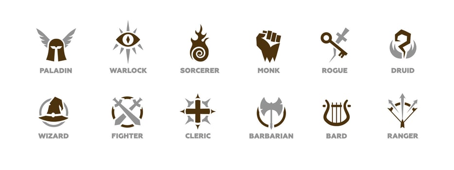 Fantasy class symbols for gaming and role-playing characters including paladin and wizard vector