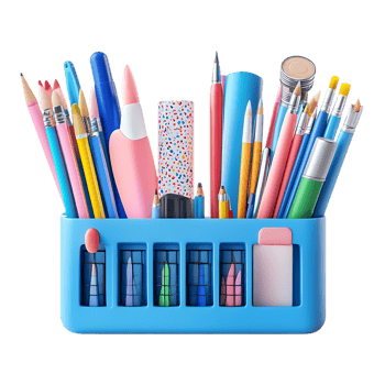 A blue container with a variety of different colored pens and pencils png