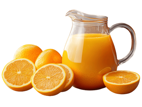 A pitcher of orange juice and a bunch of oranges png