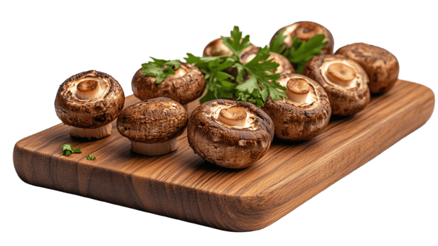 Mushrooms on a wooden tray with parsley png