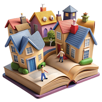 A book with a model of a house and people on it png
