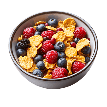 A bowl of cereal with berries and blueberries over transparent background png