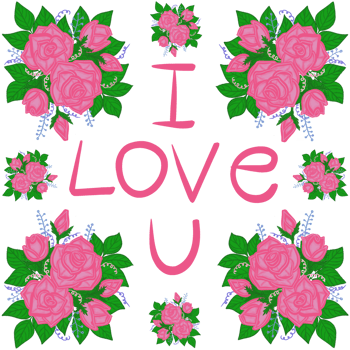 Beautiful Pink rose bouquet with I Love U on white background. png