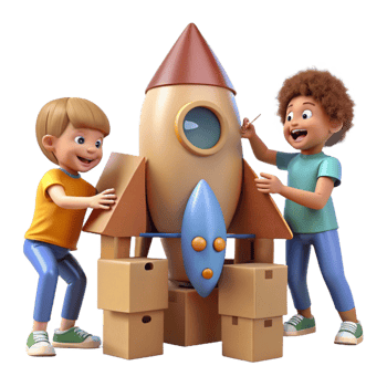 elegant rustic dramatic modern Kids Building Rocket 3D Illustration authentic premium png