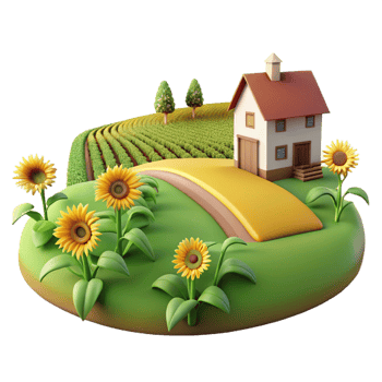 impressive modern stunning traditional Farmhouse 3D Illustration Sunflowers Field high resolution high quality png