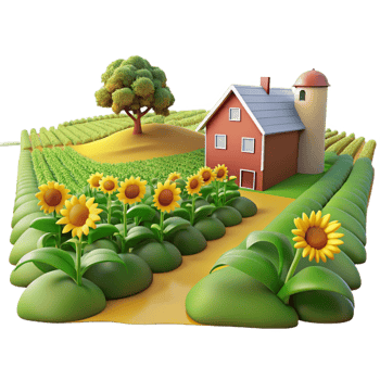 Farmland 3D Illustration Sunflowers, Farmhouse, and Fields png