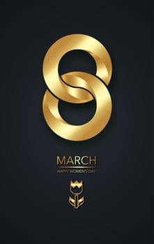 8 march women's day, luxury postcard. Shiny 3D golden Eight lettering. Digit eight made of gold foil on black background. Glowing International womens day banner or poster or card vector