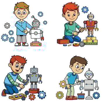 A brilliant cute school boy impressed everyone by showing his creativity and robotic innovation cartoon type art illustration vector