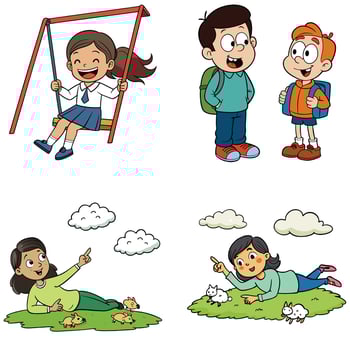 Four children playing in the park with swings and other toys vector