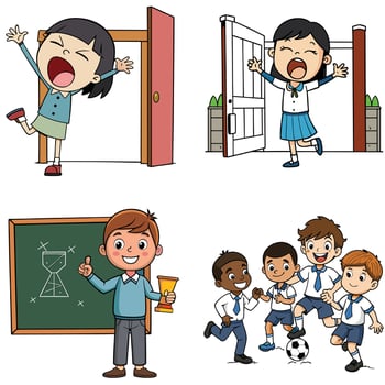 School children cartoon illustration set vector