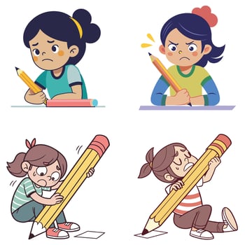 An angry girl carrying a big pencil cartoon and sticker art illustration vector