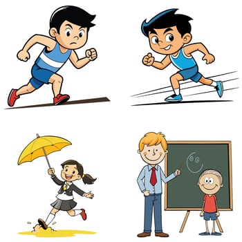 Four cartoon children running and playing sports vector
