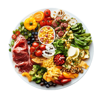 A plate of food with various vegetables and meats png
