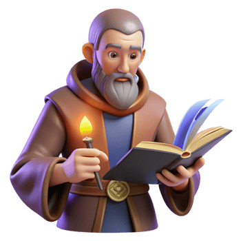 impressive abstract elegant rustic 3D Monk Reading Ancient Book Illustration detailed genuine png