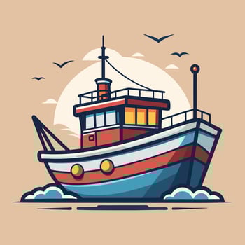 Ship illustration fishing boat coloring illustration. vector