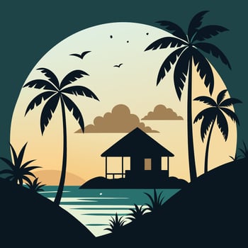 Seashore, sun, palm trees, beach umbrella and outdoor sun beds. vector