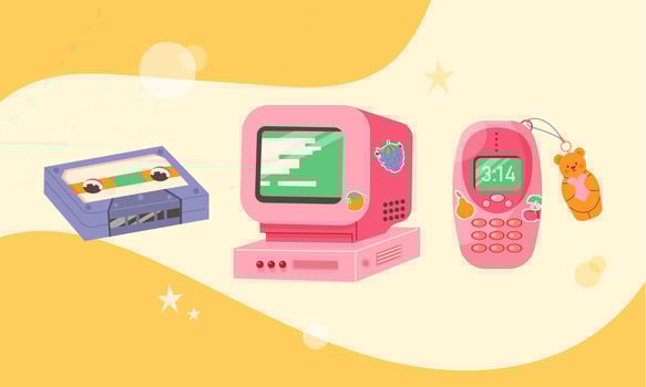 Vintage desktop computer, cassette tape, 90's lofi style phone vector