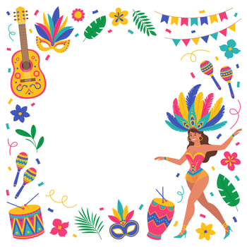 Brazil Carnival frame with woman in costume with feathers, guitar, maracas, drums, masks, flowers, leaves, garlands and confetti. Music festival. Flat illustration for banner, poster vector