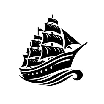 Black and White Illustration of a Classic Sailing Ship with Full Sails on Wavy Water, Isolated on White. vector