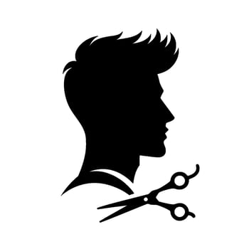 Black silhouette of a male profile with a stylish haircut, accompanied by barber scissors on a white background, perfect for a salon . vector