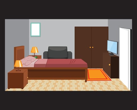 Bedroom Home Interior Bed Couch TV Cabinet Wall Design vector