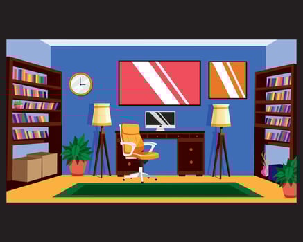 Study Room Home Interiors Design, Working Space, Study Room, Desktop With Table, Bookshelf, Cabinet, Lamp vector