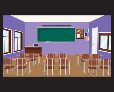 Empty School Classroom Interior Chalkboard Teachers Table vector