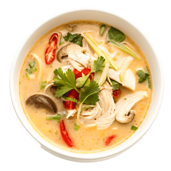 Delicious Creamy Tom Yum Soup with Chicken, Mushrooms, and Herbs png